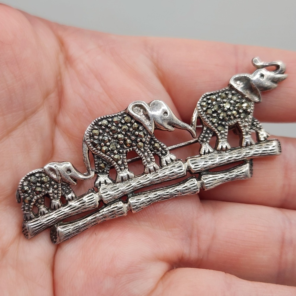 925 Sterling Silver Brooch Three Elephant Marcasite‎ Bamboo Brooch Pin 14.2g